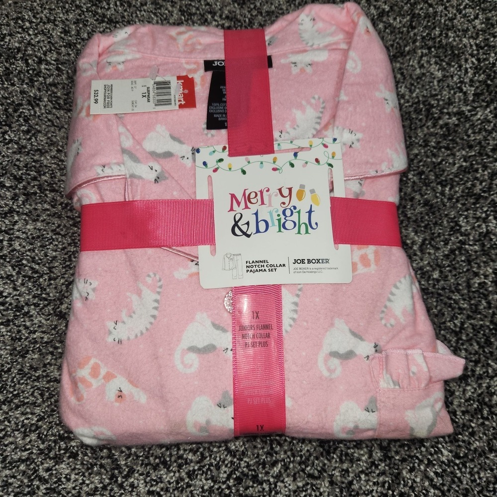 Joe Boxer Pink Cats Women/Jr 1X 2-Piece Flannel Pajama Sleep Set Vtg Y2K 90s New